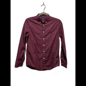 Ralph Lauren Youth Shirt L/G 14 16 Oxford Red Green Plaid Long Sleeve  Blue Pony